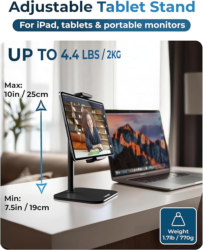 COOPER TabStand Mini, 10" Height Adjustable Tablet Stand, Ipad Stand for Desk, Portable Monitor Holder, Heavy Duty Grip, Tripod iPad Holder, Tablet Mount, for Samsung Tablets, Kindle eReaders (Black)