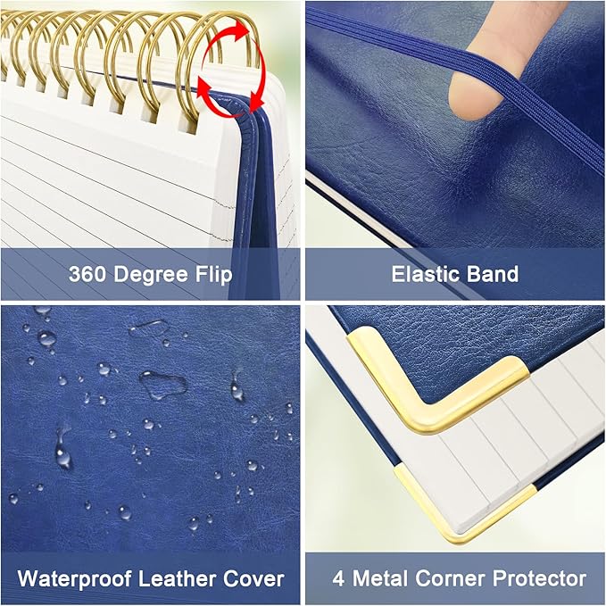 A5 Top Spiral Notebook, Large Leather Hardcover Top Bound Steno Pads, 240 Pages 100 gsm Thick Lined Paper Left Handed Notebook Journal for Work, School, Meeting Writing - Navy Blue, 5.9" x 8.5"