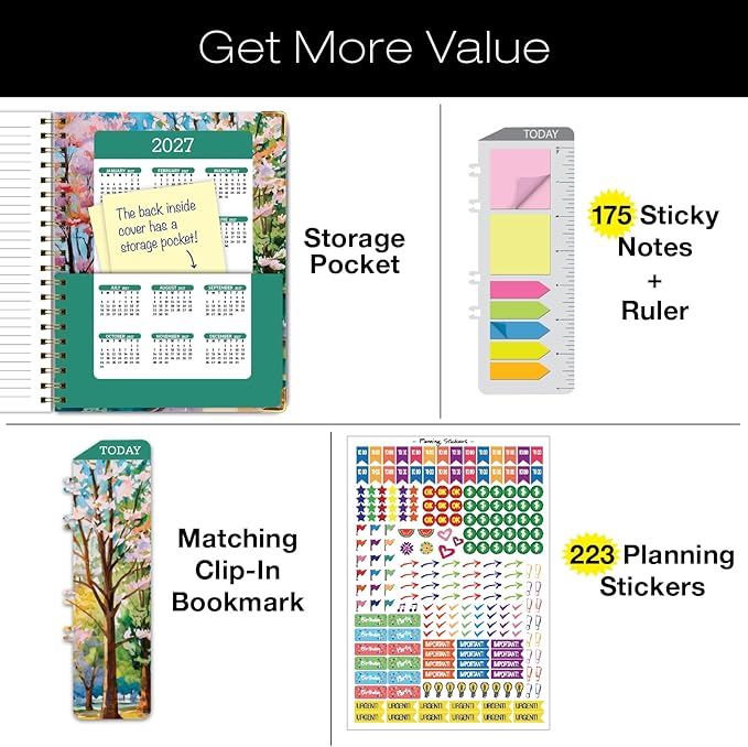 HARDCOVER Academic Year 2026-2027 Planner: 14 Months (May 2026 Through June 2027) 8.5"x 11" Daily Weekly Monthly Planner Yearly Agenda. Bookmark, Pocket Folder and Sticky Note Set (Watercolor Tree)