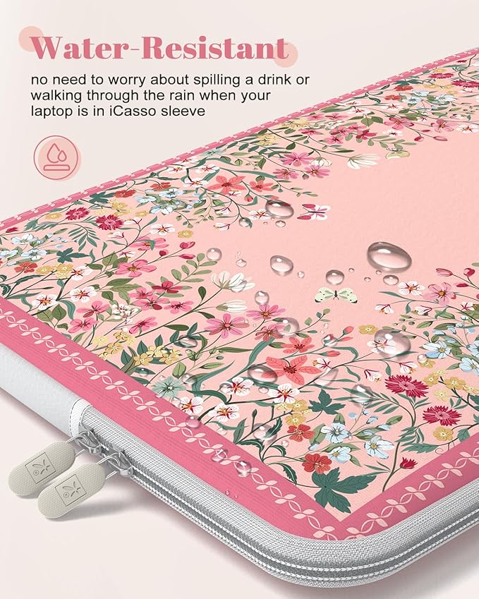iCasso Pink Laptop Bag 13 inch,Cute Computer Sleeve Bag for Women,13-13.6 inch Laptop Carrying Case Compatible with MacBook Neo/Air/Pro 13-14 Sleeve, HP Dell ASUS Lenovo Chromebook Notebook,Floral