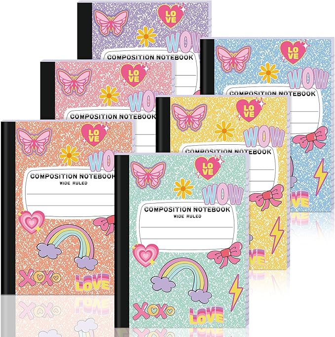 FOGWOWO 6 Pack Marble Composition Notebook Wide Ruled,Pastel Preppy Composition Notebooks Bulk,Assorted Colors Back to School Marble Notebooks 80 Pages (40 Sheets) 9.75x7.5 Inches