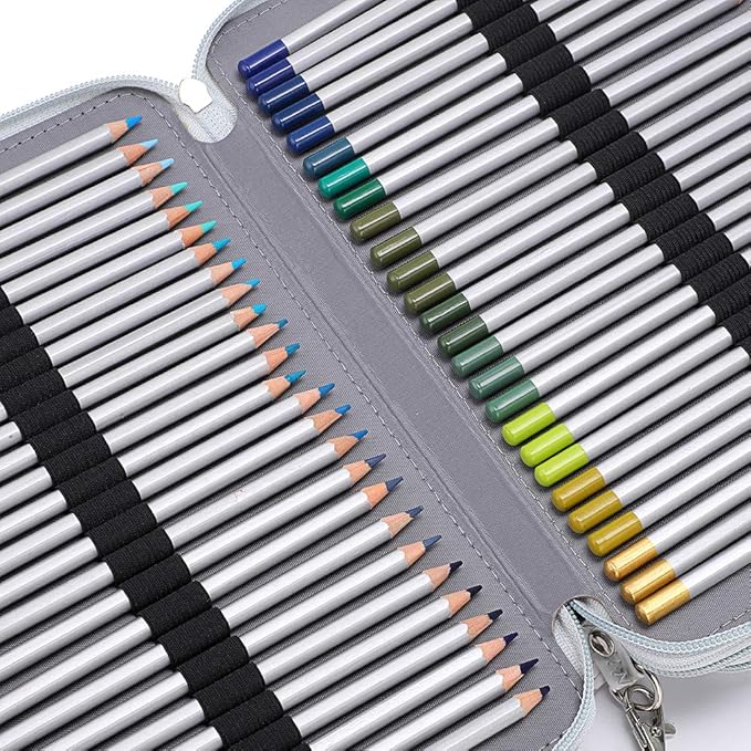 BTSKY 200 Slots Colored Pencil Organizer - Deluxe PU Leather Pencil Case Holder With Removal Handle Strap Pencil Box Large for Colored Pencils Watercolor Pencils White Marble