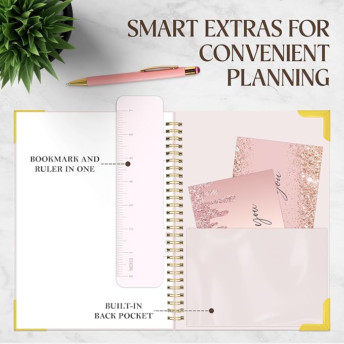 Decorably 120 Pages My To Do Planner Undated Notebook with Gold Corners, 6.4x8.5in Aesthetic Spring-Bound with Simplified Sections & Inspirational Quotes, Checklist, Contacts - Home, School, Office