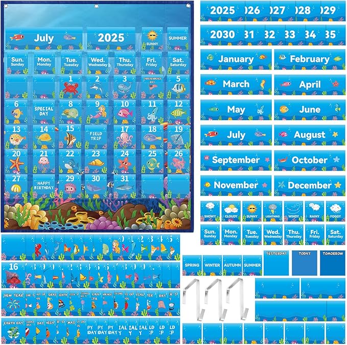 Weysat Classroom Calendar Pocket Chart Set Calendar Bulletin Board with Pocket Bulletin Board Season Festival Weather Date Chart for Preschool Elementary School Teacher Supplies(128 Pcs,Sea Animals)