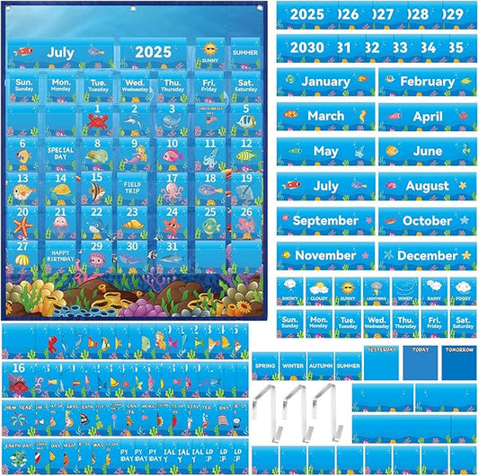 Weysat Classroom Calendar Pocket Chart Set Calendar Bulletin Board with Pocket Bulletin Board Season Festival Weather Date Chart for Preschool Elementary School Teacher Supplies(128 Pcs,Sea Animals)