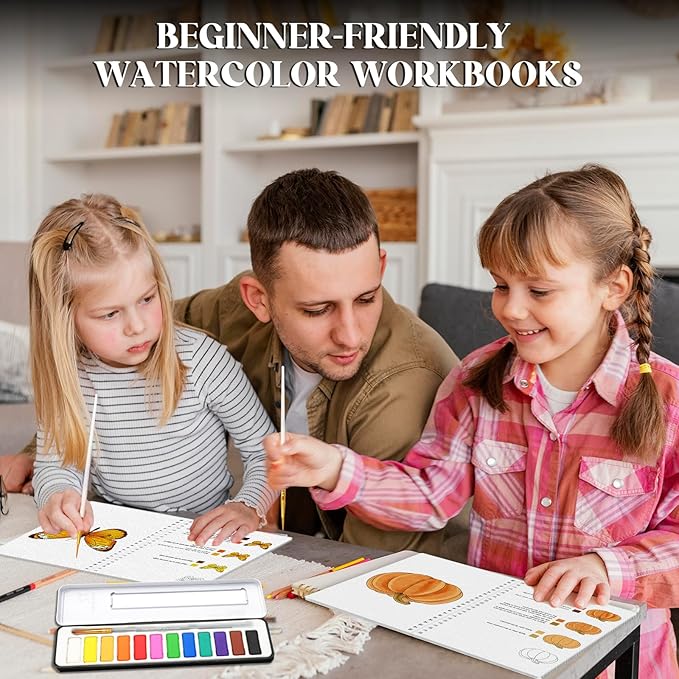 2Pcs Watercolor Workbook Beginner-Friendly Watercolor Workbooks Water Coloring Book with 12 Colors Paint Color, Beginner Watercolor Painting Kit with Step by Step for Adults Watercolor Paper