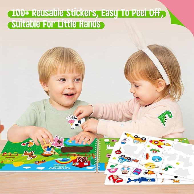 SpriteGru Sticker Activity Pad, 30 Different Scenes & 100+ Reusable Stickers, Dry Erase Brain-Boosting Puzzle Activities Book for Kids, Educational Toy for Road Trip, Airplane & Car Travel