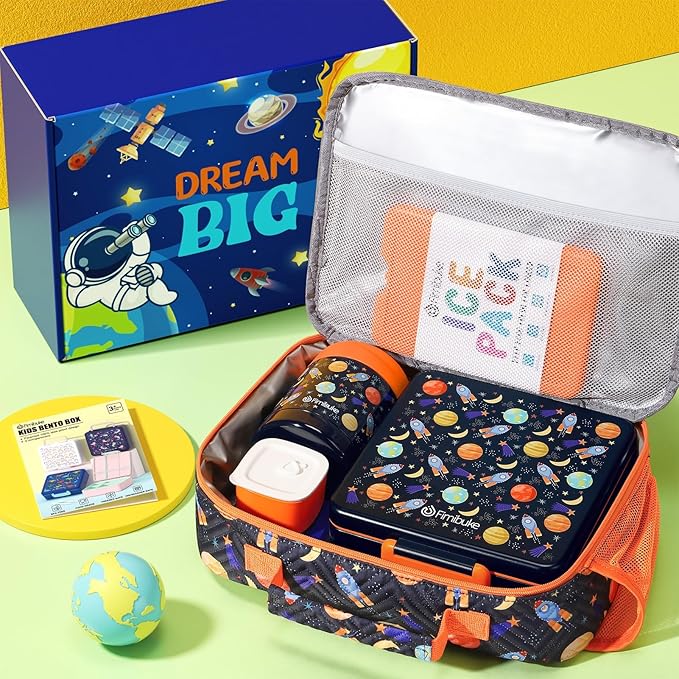 Fimibuke Kids Bento Snack Lunch Box with 4 Compartment, Insulated Lunch Bag, Stainless Steel Vacuum Thermo Food Jar, Ice Pack, Utensils Set, Birthday Gifts for Age 3-12 Back to School Toddler Girl Boy