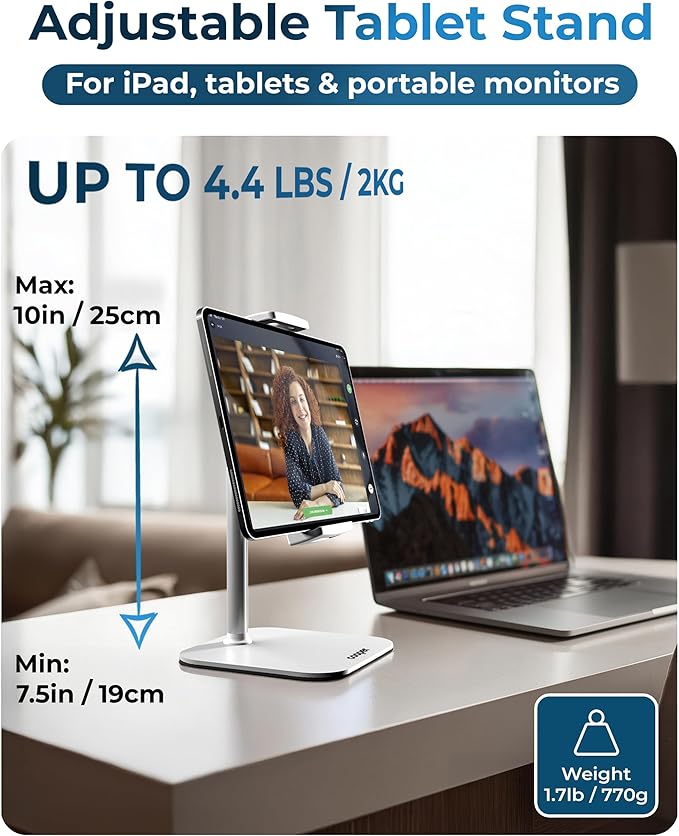 COOPER TabStand Mini, 10" Height Adjustable Tablet Stand, Ipad Stand for Desk, Portable Monitor Holder, Heavy Duty Grip, Tripod iPad Holder, Tablet Mount, for Samsung Tablets, Kindle eReaders (White)
