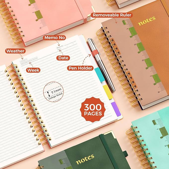 Line Hardcover Spiral Notebook with Removable Dividers Tabs & Ruler, 5 Subject Notebook College Ruled, 300 Page, Large 8"x10" B5 Notebooks for Work School, Lined Journal for Women & Men, Orange