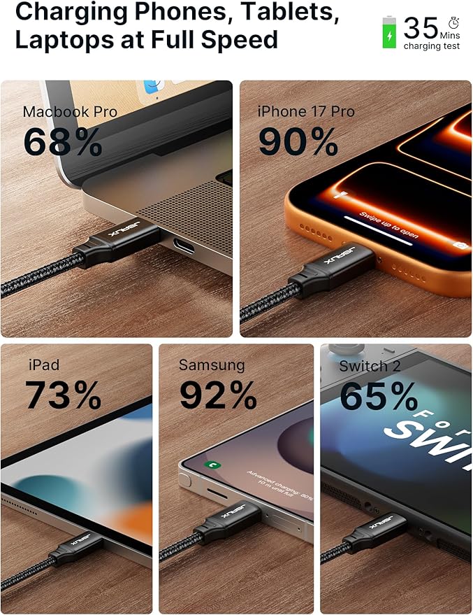JSAUX 100W USB C to USB C Cable [2-Pack 3.3FT], Type C Fast Charging Cord for iPhone Air/iPhone 17/iPhone 17 Pro/iPhone 17 Pro Max, iPhone 16/15 Series, Galaxy S/Note Series, MacBook, iPad - Black