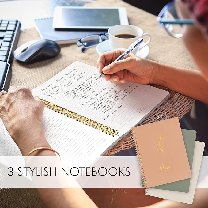 ZICOTO Aesthetic Spiral Notebook Set of 3 For Women 10.5 x 8 - Large College Ruled Journal/Notebook with Large Pockets And Lined Pages - Perfect Supplies to Stay Organized at Work or School