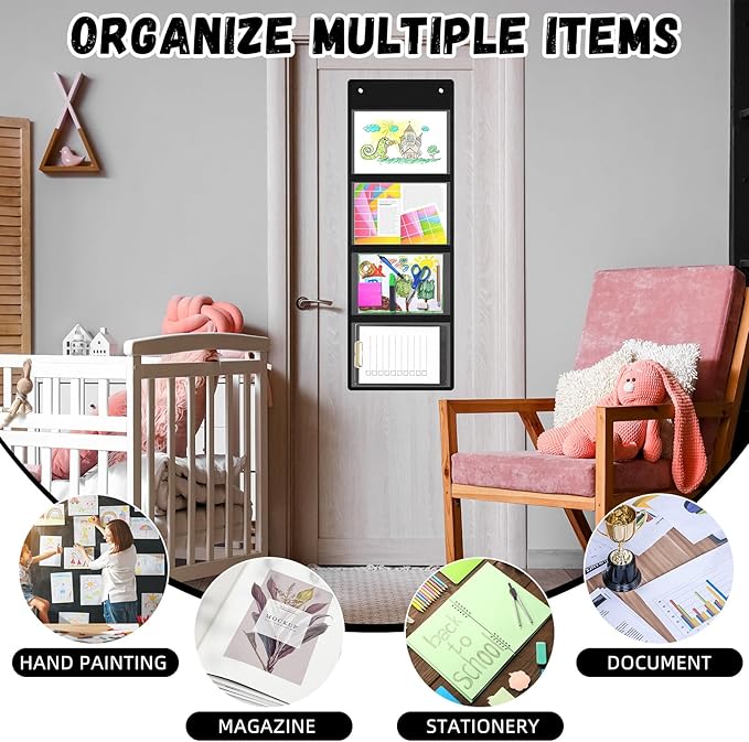 Watersay 2 Pcs Storage Pocket Chart for Classroom 37.4 x 13 in, 4 Pockets Hanging Wall File Organizer for Cards, Drawing, Pictures, Class Demonstrations, Homework, Teacher Office Organization (Black)