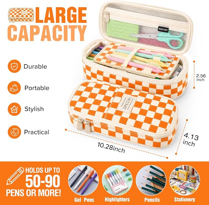 Pencil Case, Large Capacity Aesthetic Pencil Cases with Durable Zipper, Big Stationery Pencil Pouch for Women & Men , Adults Portable Storage Organizer Bag for College, Office, Travel (Yellow Grid)
