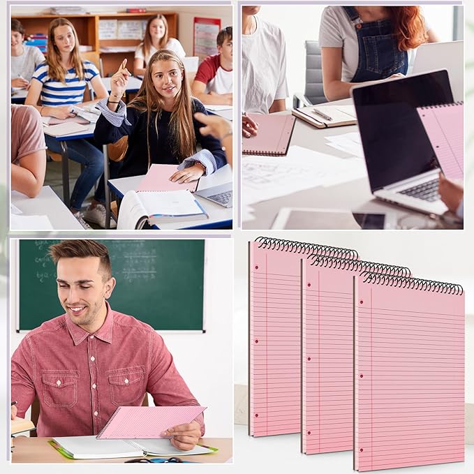 MotiMind 3 Pack 8.5" x 11" Top Spiral Notebook with 3 Hole Punched Pink Legal Pads College Ruled Notepad 50 Sheets Hard Cardboard Paper Wirebound Notepad for Office School Business