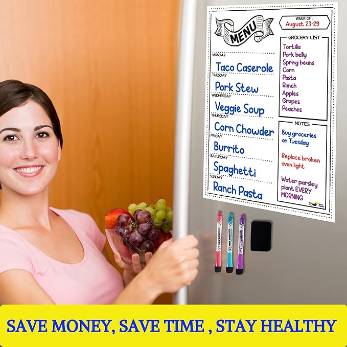 Magnetic Weekly Meal Planner for Fridge – 16” x 12” Dry Erase Menu Board with Grocery List & Notes – Stain-Resistant Whiteboard for Family Meal Planning Includes 3 Magnetic Markers & Eraser