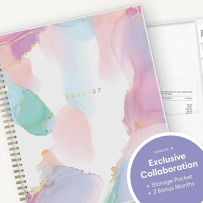 Blue Sky Ashley G 2026-2027 Weekly and Monthly Academic Year Planner Calendar, July 2026 - June 2027, 8.5" x 11", Flexible Cover, Wirebound, Laminated Tabs, Storage Pocket, Includes Sticker Sheet, Multi Color Smoke