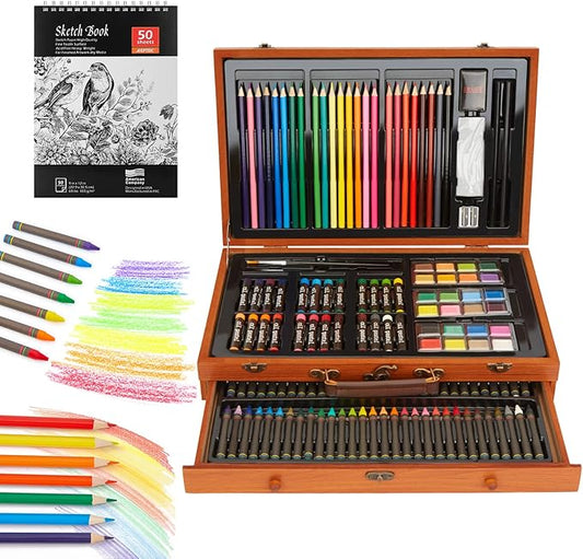 AGPTEK Art Set, 141-Piece Deluxe Art Supplies Kit with Crayons, Colored Pencils, Sketch Pencils, Paint Brushes, Sharpener, Eraser, Wooden Case & Drawing Pad