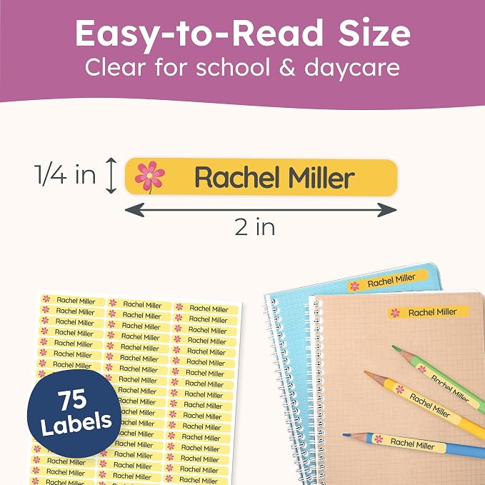 Personalized Kids Name Labels for Pencils Yellow [75pcs] - Waterproof Name Stickers for School & Daycare - Pencil Custom Name Stickers - Children Name Stick On Labels for Pens (2.0”x0.3”)