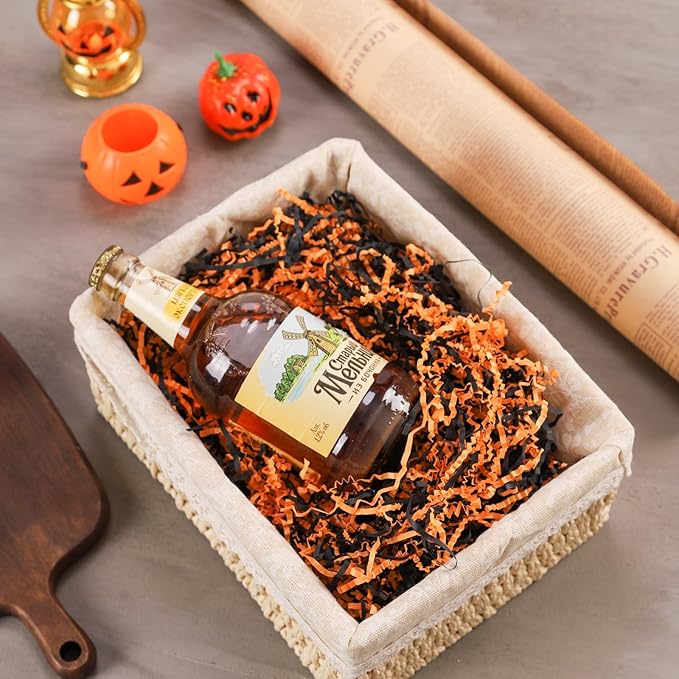 TANMWZK Crinkle Cut Paper Shred Filler 8 oz (1/2 lb) Gift Wrapping & Gift Basket Filler for Christmas,Halloween & Wedding Decorations,Easter Basket Grass Filler (Orange and Black)
