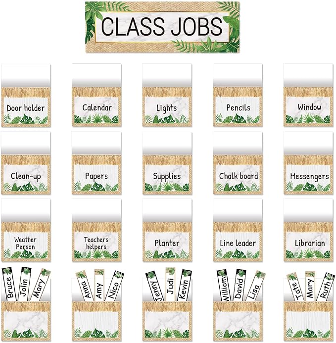 81 Piece Simply Boho Greenery Class Jobs Bulletin Board Greenery Classroom Jobs Pocket Chart Set Teacher's Helper Chalkboard Decor Classroom Bulletin Board Set Wall Decoration for Back to School