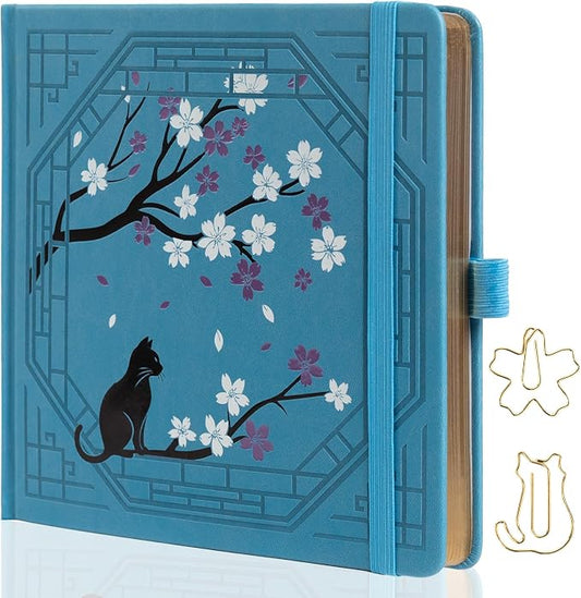 TIEFOSSI Square Dotted Journal, Cute Cat Journal for Women Girls, Dot Notebook with Pretty Sakura Pattern, Aesthetic Diary for Writing Journaling Drawing, Golden Edges, 8 x 8 IN