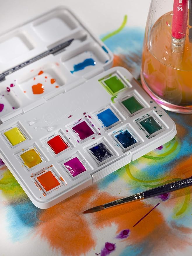 Van Gogh Watercolor Paint Set, Plastic Pocketbox, 12-Half Pan Vibrant Colors Selection