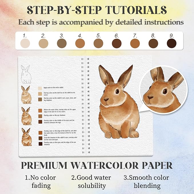 2Pcs Watercolor Workbook Beginner-Friendly Watercolor Workbook with Step by Step for Adults for Adults with 12 Colors Paint, Beginner Watercolor Painting Kit Watercolor Paper - Valentine's Day Gift