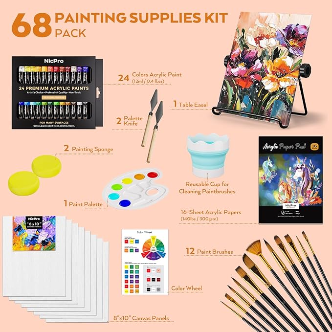 Nicpro 68PCS Acrylic Paint Canvas Set for Adults, Art Painting Supplies Kit with 24 Acrylic Paints,Table Easel,8 Canvas Panels,12 Brushes,Paper Pad,Cleaning Cup, Sponge, Palette for Beginner Artist