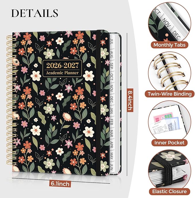 KONVINIT Academic Planner 2026-2027, 12 Months Daily Planner 2026 - July. 2026 to June. 2027, Black 2026-2027 Monthly Planner with Tabs for Student Teacher, A5 (6.1" x 8.5") Week Planner for Home, Office, School Supplies