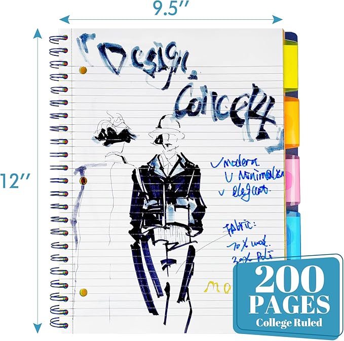 Spiral Notebook - 5 Subject Notebook, College Ruled Notebook 3-Hole Punched With Dividers, Storage Pockets, 11" Ruler, 200 Pages, for Writing Journal, Home &Office, School Supplies, A4, Baby