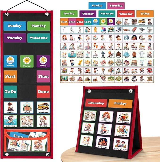 PITCOTT Visual Schedule for Kids Chore Chart，2 in 1 Daily Schedule Board Routine Pocket Chart Cards for Toddlers,Autism Learning Materials Tool Wall Planner for Home School with 103 Cards （Black）