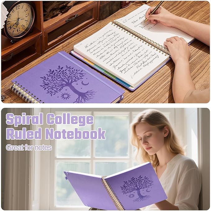 Ovesmusl Hardcover Spiral Notebook 8.5" x 11" with 5 Removable Dividers 300 Pages Leather 5 Subject Notebook College Ruled 100GSM Large Spiral Notebooks for Work Thick Lined Journal for Women, Purple