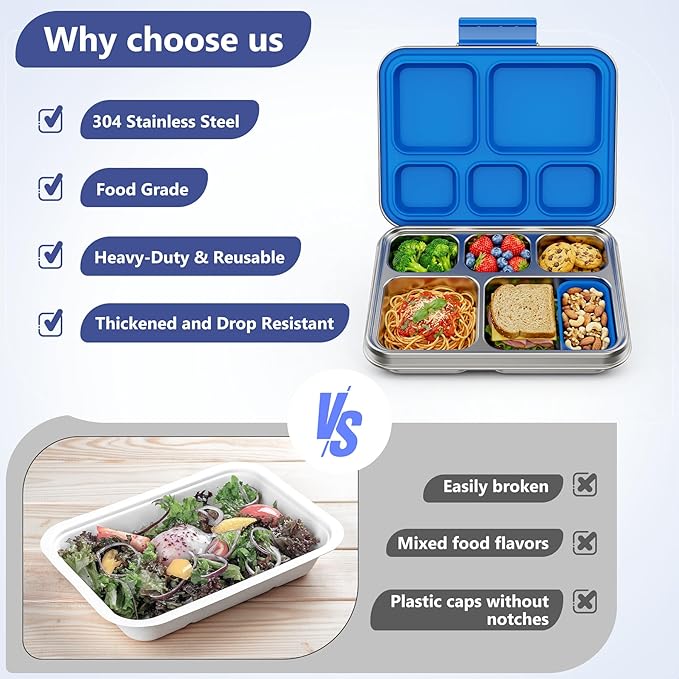 Pawtong Stainless Steel Lunch Box, 5-Compartment Bento Lunch Box for Kids & Adults,Metal Lunch Box with Removable Silicone Container, Lunch Box Containers for School,Office (Blue)