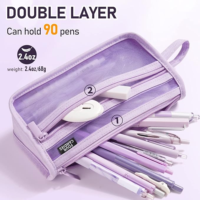 Four Candies Grid Mesh Pencil Case, Clear Double-layer with Handle (Pink) | Smooth Zipper, Transparent Pencil Pouch, Cute Stationary, Makeup Bag, Travel Friendly, for Adult Office College