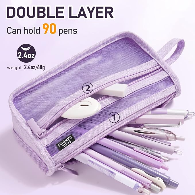 Four Candies Grid Mesh Pencil Case with Handle and Zipper, Clear Double-layer Pencil Pouch Marker Pouch, Travel Makeup Bag, Cute Transparent Stationary Organizer Pen Bag for Adult Office College | Smooth Zipper, Transparent Pencil Pouch, Cute Stationar...
