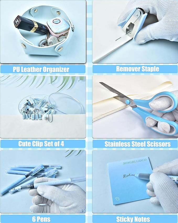 Blue Desk Accessories, 20Pc Office Supplies and 360°Pen Holder Desk Organizers, with Tape Dispenser, Stapler, Staple Remover, Ect, Let the Color Blue Fill Your Desktop