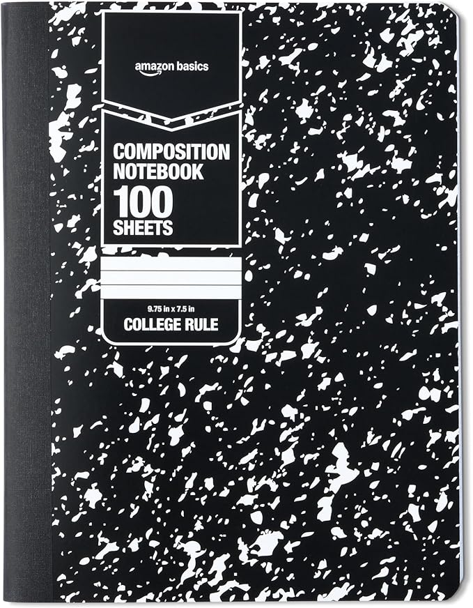 Amazon Basics Composition Notebook, College Ruled, 100 Sheets, 9.75" x 7.5", Marble Black, Sturdy Cover