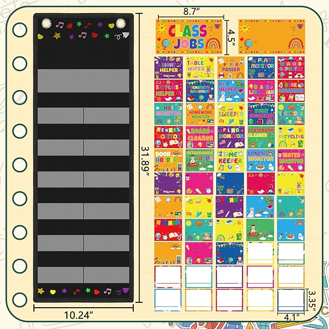 Class Jobs Pocket Chart for Classroom Decorations, 48 Colored Clips & 57 Behavior Cards, Teacher Must-Have Helper for Back to School Birthday Party Decor