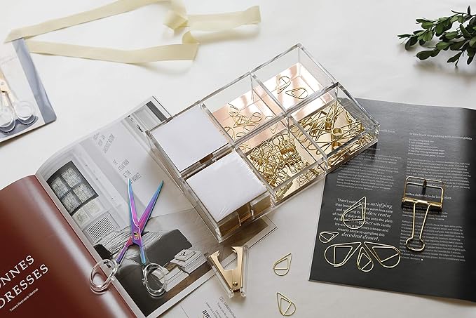 Clarity Gold Notes Holder with Cube Memo Pad 320 Sheets, Acrylic 3 in 1 Drawer Organizer by Draymond Story (Clips Sold Separately) - Gift Ideas for Women