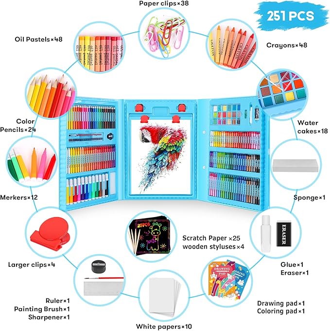 iBayam Art Case Coloring Set - (251ct), Art Kit for Him & Her, Art Supplies Set, Gifts with Trifold Easel, Scratch Paper, Sketching/Coloring Book, Crayons Pencils