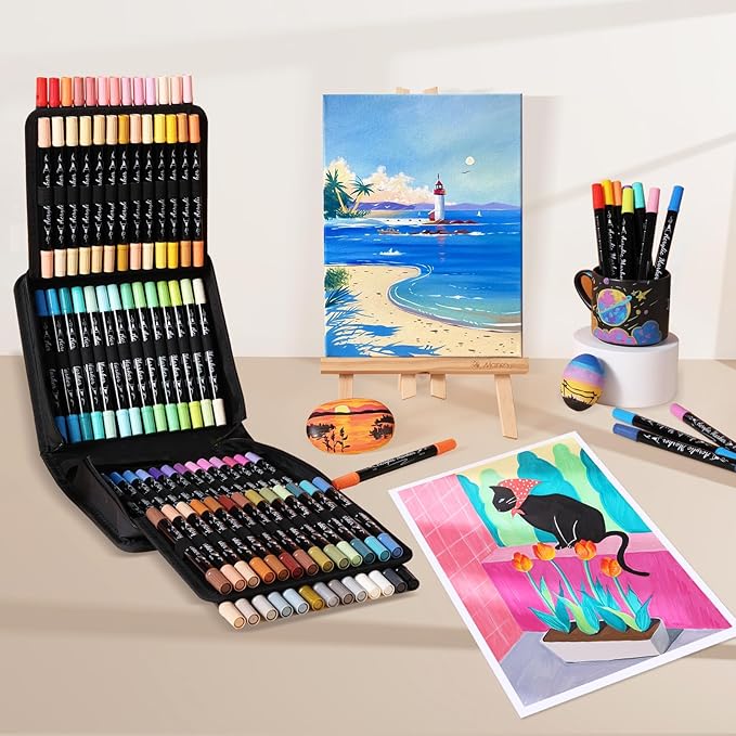 TOSHARE 80 Colors Acrylic Paint Markers, Brush & Fine Dual Tip Acrylic Paint Pens for Rock, Wood, Paper, Fabric, Canvas, Glass, Ceramic, Egg, Scrapbook and DIY Crafts Supplies Art Gifts