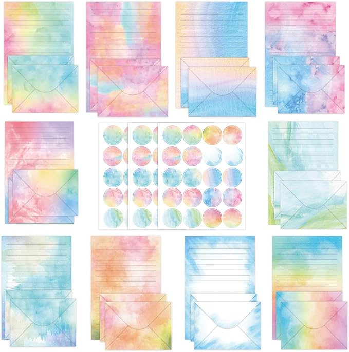 160 Pcs Stationery Writing Paper with Envelopes, 50 Double Sided Stationery Papers with 50 Matching Envelopes and 60 Round Dot Sticker, 10 Unique Designs