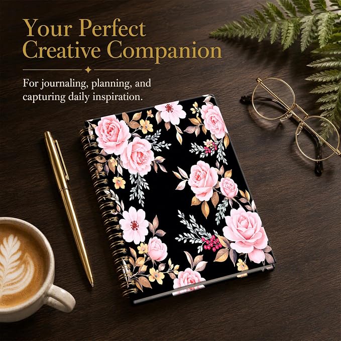 ATJFKIXL Cute Spiral Journal Notebook, A5 120 Page College Ruled Wirebound Notebook, Soft Cover for Students Office Notes and Planning - Black Rose Floral