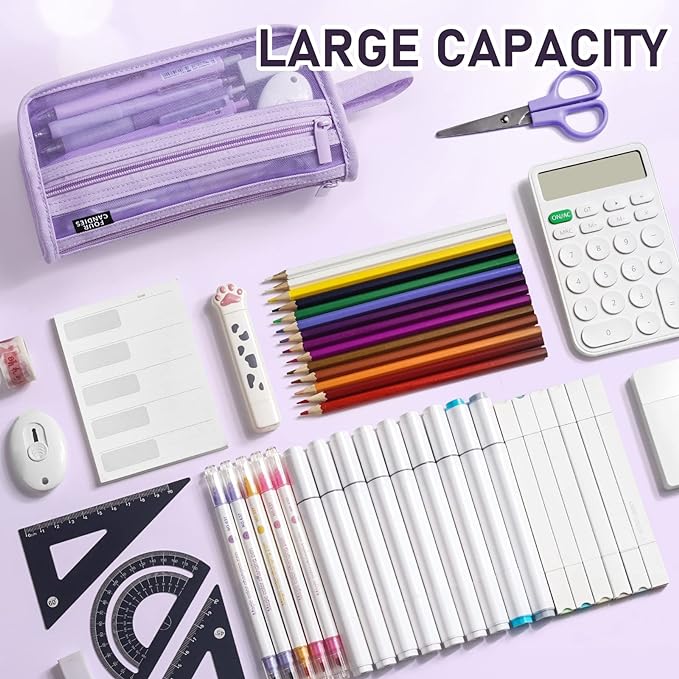 Four Candies Grid Mesh Pencil Case, Clear Double-layer with Handle (Purple) | Smooth Zipper, Transparent Pencil Pouch, Cute Back to School Stationary, Makeup Bag, Travel Friendly, for Office College
