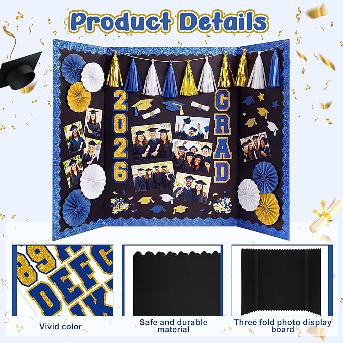 31 Pcs Graduation Photo Display Board Decoration 40"x28" Trifold Poster Board Graduation Themed Stickers Grad Fan Tassel Garland for 2026 Grad Party College Picture Frame(Blue Gold Silver)