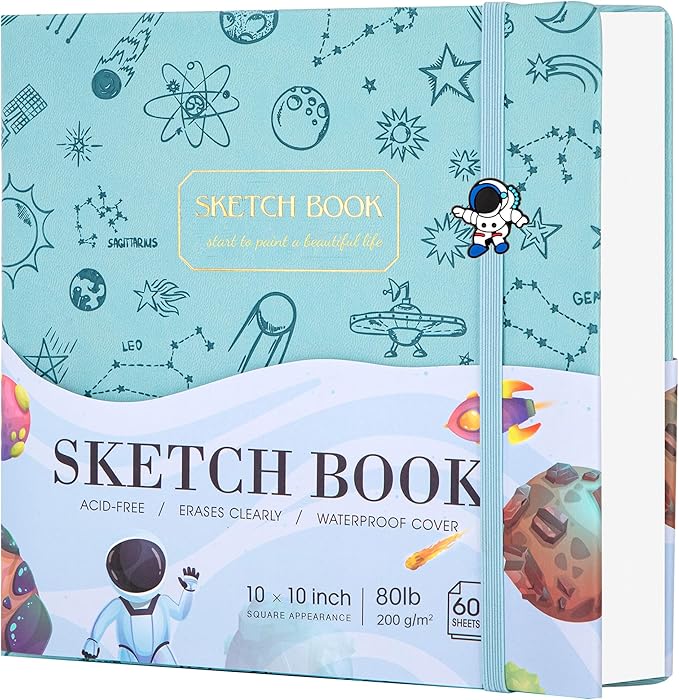 FLYING EAGLE Sketch Book for Kids 10"X 10" Large Hardcover Sketchbook for Drawing 120GSM Thick Paper, Square Art Drawing Paper 120 Pages Sketch Pad for Boys Teens,Gift Boxed, Blue