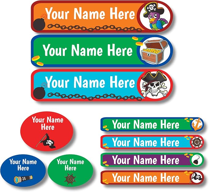Lovable Labels Personalized Labels for Kids (85 Labels/Pack) - 3 Label Sizes Waterproof Dishwasher Safe Peel & Stick Labels for School Supplies Daycare Camp Clothing Bottles (Ahoy Ye Matey)