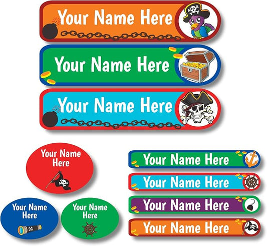 Lovable Labels Personalized Labels for Kids (85 Labels/Pack) - 3 Label Sizes Waterproof Dishwasher Safe Peel & Stick Labels for School Supplies Daycare Camp Clothing Bottles (Ahoy Ye Matey)