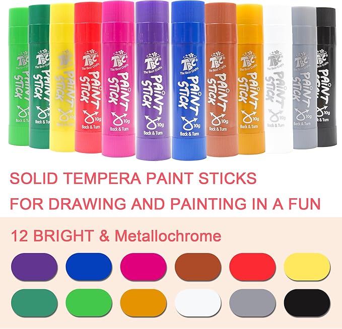 TBC The Best Crafts Paint Sticks,12 Colors Metallic, Washable, Non-toxic, Tempera Paint Sticks for Kids and Students